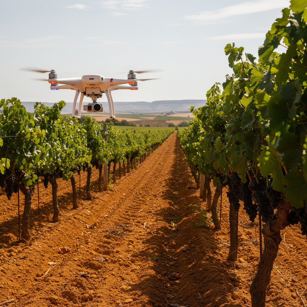 Dron sobrevolando viñedo en Extremadura durante sesión de mapeo