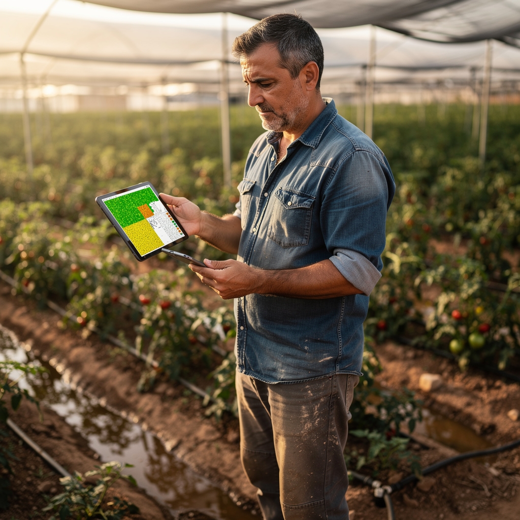 Agricultor consultando datos de cultivo en tablet en el campo