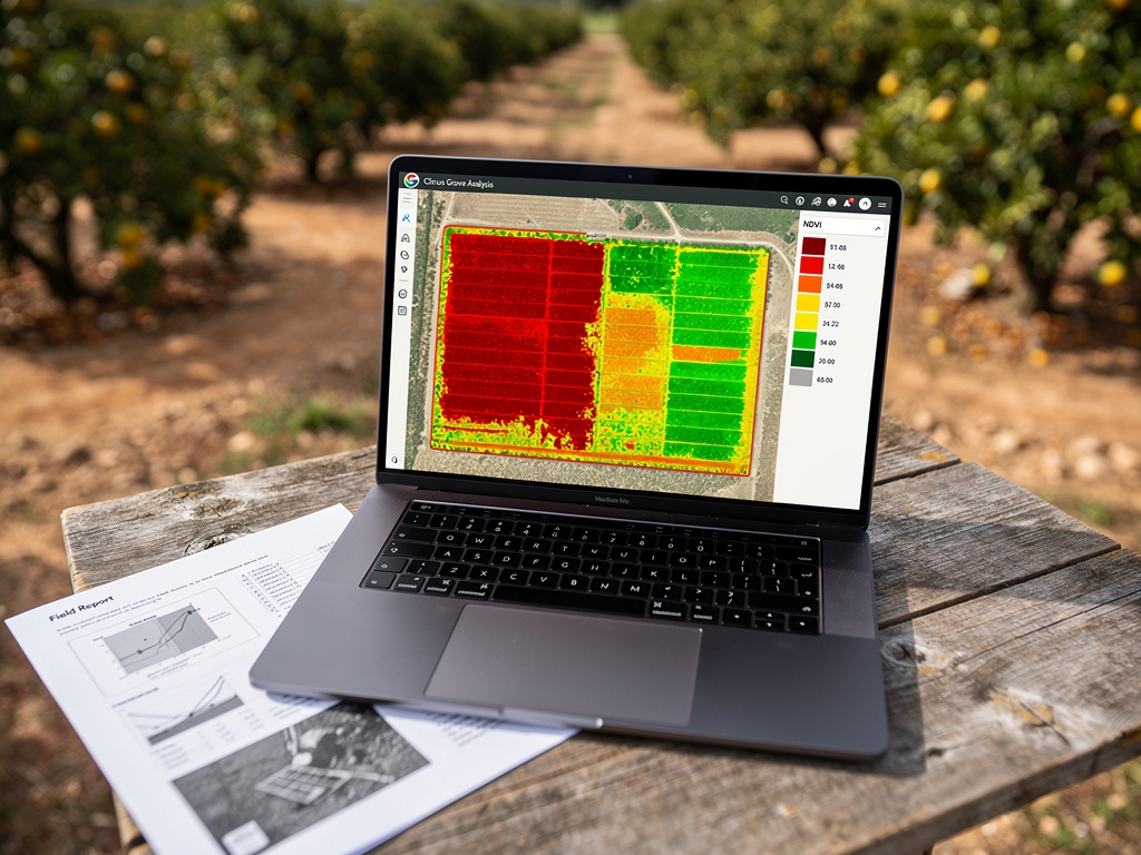 Mapa NDVI de cultivo de cítricos mostrando variaciones de estrés hídrico
