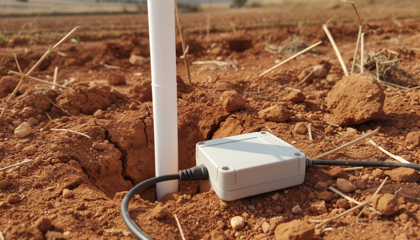 Instalación de sensor de humedad del suelo en parcela agrícola